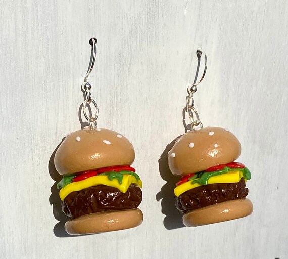 Hamburger Dangle Earrings Handmade Polymer Clay New 