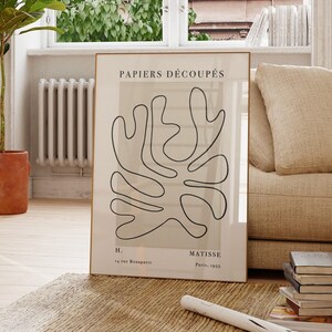 Stampa Henri Matisse Beige, Stampa artistica con ritagli vintage, Poster minimalista vintage anni '60, Arte della parete Matisse Papiers Découpés a una linea