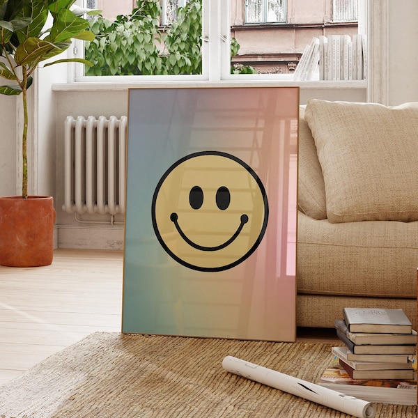 Smiley Face Art Print, Trendy Art Prints, Dorm Decor, Modern art print, Retro Trendy Art, y2k Wall Prints, Girly Wall Art, Gen Z Prints