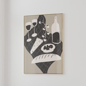 Wine and cheese poster, minimalist wall art, wine art print, black and white foodie poster, modern cottage print, picnic wall art