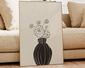 Minimalist Black Beige Flower Print, Modern Botanical Wall Art Poster