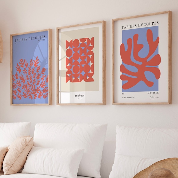 Set of 3 Print, Gallery Wall Set of 3, Matisse Print, Cut-Outs Print, Vintage Bauhaus Poster, Blue and Red Print, Coastal Print