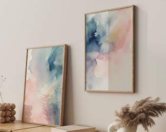 Lot de 2 impressions aquarelle abstraite, coups de pinceau aquarelle pastel, impression pastel abstraite, impression d'art mural salon confortable, impressions numériques