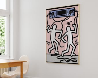 Lámina artística inspirada en Keith Haring, decoración del hogar en tonos pastel.