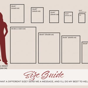 K&ouml;nnte beinhalten: Gr&ouml;&szlig;en&uuml;bersicht f&uuml;r Kunstdrucke mit einem Modell, das neben verschiedenen Rahmengr&ouml;&szlig;en steht. Die Gr&ouml;&szlig;en sind in Zoll und Zentimetern angegeben. Der Leitfaden umfasst Gr&ouml;&szlig;en von 8x10 Zoll bis 28x40 Zoll.