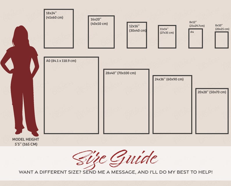 K&ouml;nnte beinhalten: Gr&ouml;&szlig;en&uuml;bersicht f&uuml;r Kunstdrucke mit einem Modell, das neben verschiedenen Rahmengr&ouml;&szlig;en steht. Die Gr&ouml;&szlig;en sind in Zoll und Zentimetern angegeben. Der Leitfaden umfasst Gr&ouml;&szlig;en von 8x10 Zoll bis 28x40 Zoll.