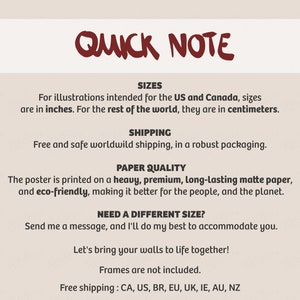 Puede incluir: Un gr&aacute;fico con el texto "QUICK NOTE" en rojo. El texto de abajo explica los tama&ntilde;os, el env&iacute;o, la calidad del papel y las opciones de env&iacute;o gratuito. El texto dice "Para ilustraciones destinadas a los EE. UU. y Canad&aacute;, los tama&ntilde;os est&aacute;n en pulgadas. Para el resto del mundo, est&aacute;n en cent&iacute;metros."