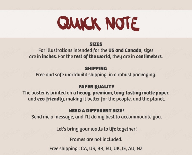 Puede incluir: Un gr&aacute;fico con el texto "QUICK NOTE" en rojo. El texto de abajo explica los tama&ntilde;os, el env&iacute;o, la calidad del papel y las opciones de env&iacute;o gratuito. El texto dice "Para ilustraciones destinadas a los EE. UU. y Canad&aacute;, los tama&ntilde;os est&aacute;n en pulgadas. Para el resto del mundo, est&aacute;n en cent&iacute;metros."