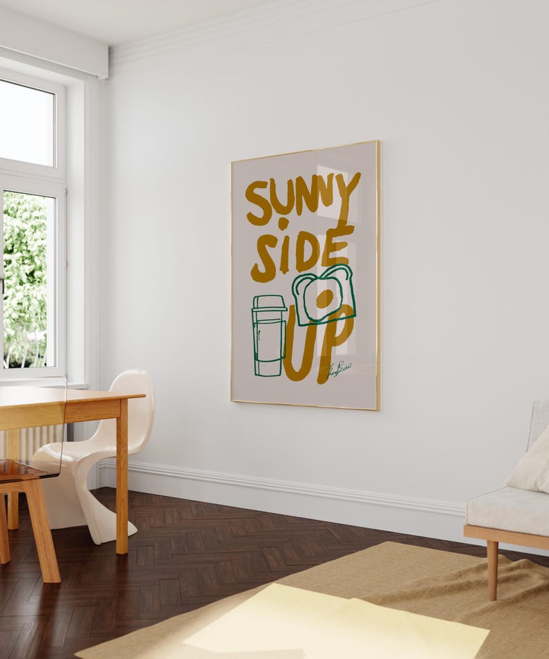 breakfast wall art, funny kitchen poster, egg toast illustration, coffee print, sunny side up wall art, retro breakfast poster, quirky food wall decor, positive quote poster, kitchen art, morning print, food quote poster, vintage print, aesthetic wall art, cafe decor print, modern kitchen wall art, cozy home print, foodie gift idea, uplifting breakfast art, modern kitchen print, inspirational quote, morning routine poster, minimalist kitchen decor, funky wall art, bold food illustration