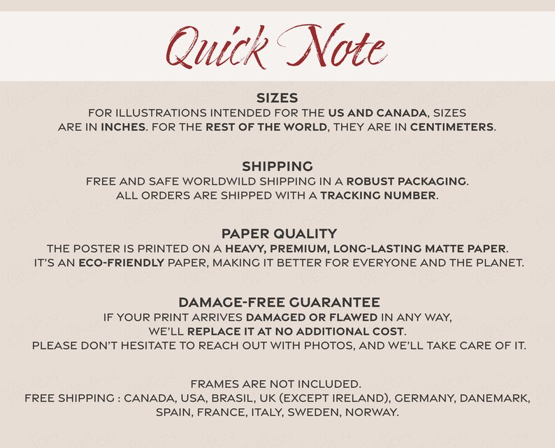 K&ouml;nnte beinhalten: Quick Note Textgrafik mit Informationen zu Gr&ouml;&szlig;en, Versand, Papierqualit&auml;t, Schadensfrei-Garantie und kostenlosem Versand. Die Gr&ouml;&szlig;en sind in Zoll f&uuml;r die USA und Kanada und in Zentimetern f&uuml;r den Rest der Welt. Kostenloser Versand ist nach Kanada, USA, Brasilien, Gro&szlig;britannien (au&szlig;er Irland), Deutschland, D&auml;nemark, Spanien, Frankreich, Italien, Schweden und Norwegen m&ouml;glich.