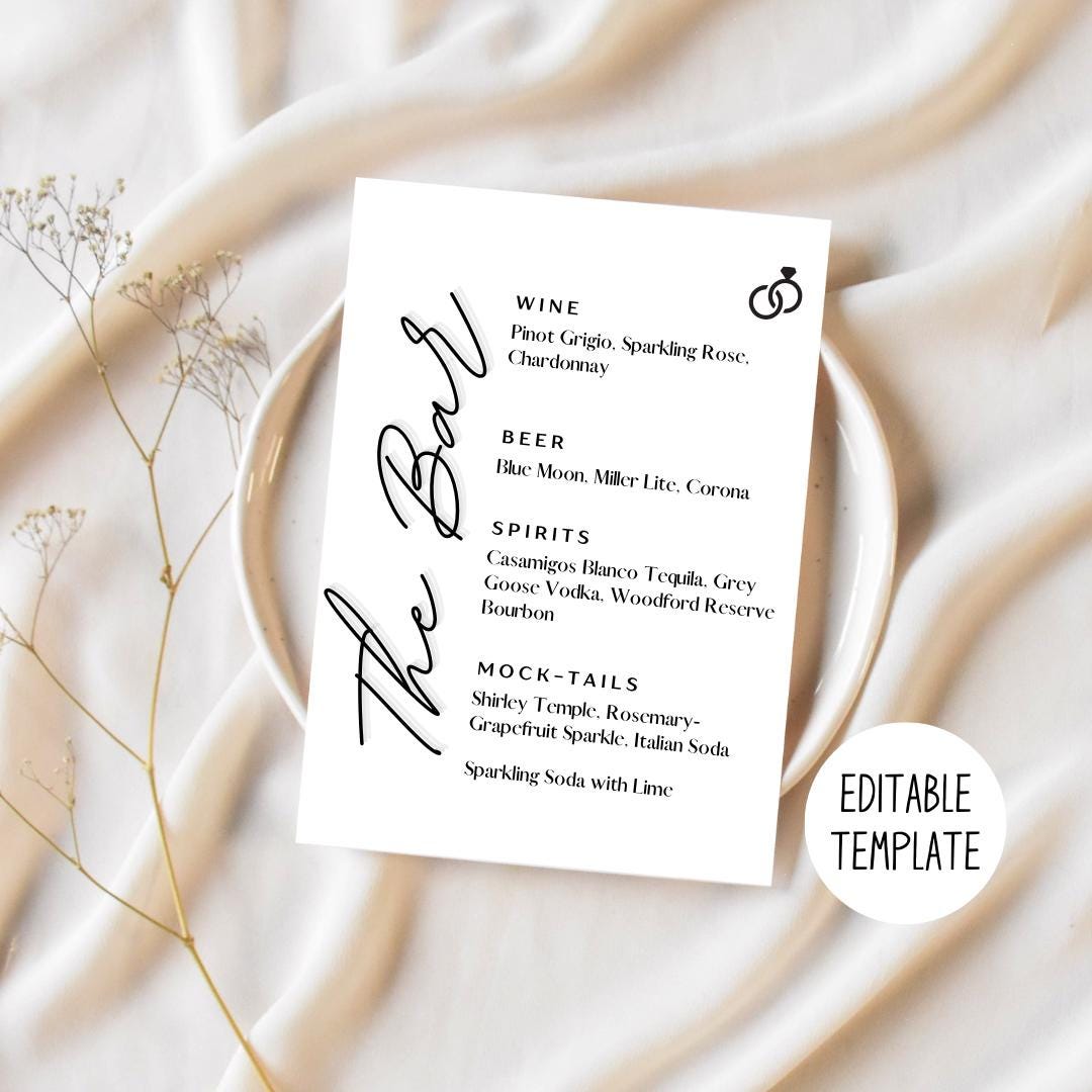 Wedding Bar Menu Template | Wedding Drink Sign | Modern Minimalist ...
