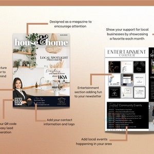 May include: A magazine cover with a black and white design featuring the words "house & home" and "local spotlight". The cover also includes a photo of a kitchen with a woman standing in the foreground. The magazine is designed to encourage attention and showcase local businesses.