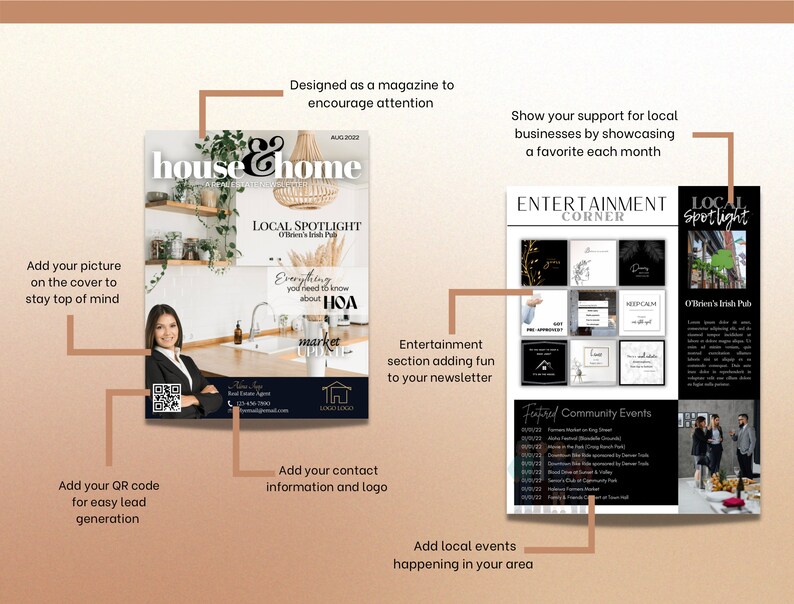 May include: A magazine cover with a black and white design featuring the words "house & home" and "local spotlight". The cover also includes a photo of a kitchen with a woman standing in the foreground. The magazine is designed to encourage attention and showcase local businesses.