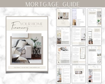 以下が含まれることがあります： 大理石の背景に住宅ローンのガイド。表紙には「YOUR HOME Financing」の文字とリビングルームの写真が掲載されています。内部ページでは、住宅ローンのプロセス、ローンプログラム、ヒントについて詳しく説明しています。ガイドには目次が含まれています。