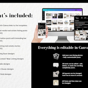 Pu&ograve; includere: Un'illustrazione digitale di uno schermo di computer, un tablet e un telefono che mostrano post sui social media per annunci immobiliari. Il testo "Tutto &egrave; modificabile in Canva!" &egrave; visualizzato in testo bianco su sfondo nero. Il testo "Aggiungi le tue foto di annunci - post completamente personalizzabili" &egrave; visualizzato in testo bianco su sfondo nero. Il testo "Tutti i testi possono essere modificati - aggiungi, elimina o rendi la formulazione completamente tua." &egrave; visualizzato in testo bianco su sfondo nero. Il testo "Tutti i layout possono essere modificati. Sentiti libero di spostarli." &egrave; visualizzato in testo bianco su sfondo nero. Il testo "Tutti i font e le dimensioni dei font possono essere modificati." &egrave; visualizzato in testo bianco su sfondo nero.