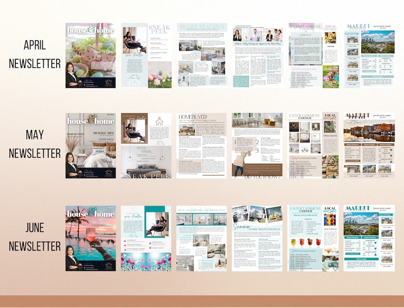May include: A magazine cover with the title "House & Home" and the text "April Newsletter". The cover features a woman in a pink dress and a basket of Easter eggs.