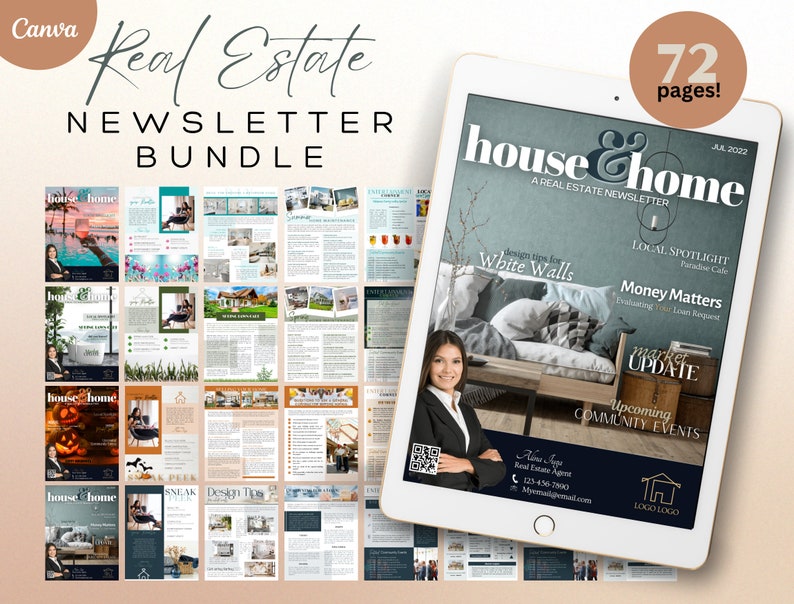 May include: A digital mockup of a real estate newsletter bundle with 72 pages. The cover features a photo of a living room with white walls and the title "house & home" in a black and white font. The newsletter includes articles on design tips, local spotlights, money matters, and upcoming community events.