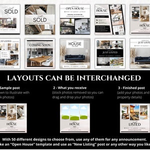 Pu&ograve; includere: Una raccolta di 10 modelli di post sui social media per agenti immobiliari. I modelli presentano diversi layout con immagini di case e testo come "Just Listed", "Open House", "Coming Soon" e "Sold".
