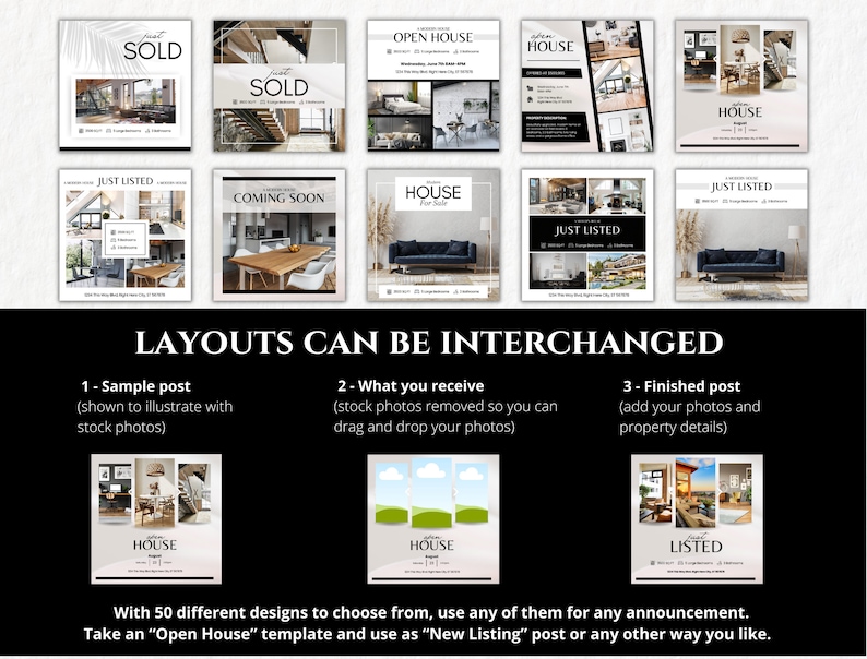 Pu&ograve; includere: Una raccolta di 10 modelli di post sui social media per agenti immobiliari. I modelli presentano diversi layout con immagini di case e testo come "Just Listed", "Open House", "Coming Soon" e "Sold".