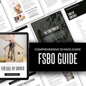Może przedstawiać: Czarno-biały przewodnik zatytułowany "FSBO Guide: A Comprehensive 33 Page Guide" z kluczem do domu i małym modelem domu na okładce.