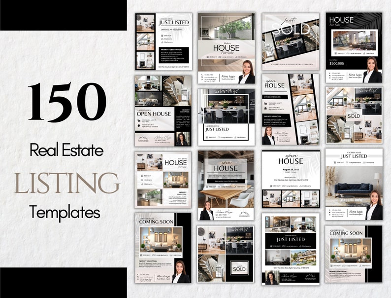 Pu&ograve; includere: Una collezione di 150 modelli di annunci immobiliari. I modelli presentano una variet&agrave; di design con immagini di case, interni e testo come "Just Listed", "Open House", "Coming Soon" e "Sold".