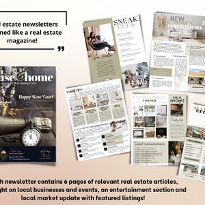 May include: A real estate newsletter magazine with a brown and white cover featuring a clock and the text "House & Home" and "A Real Estate Newsletter". The magazine is open to show the inside pages with articles about the housing market, local businesses, entertainment, and community events.