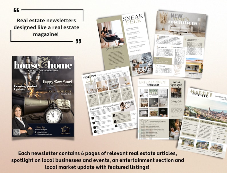 May include: A real estate newsletter magazine with a brown and white cover featuring a clock and the text "House & Home" and "A Real Estate Newsletter". The magazine is open to show the inside pages with articles about the housing market, local businesses, entertainment, and community events.