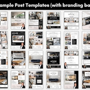 Pu&ograve; includere: Una collezione di 16 modelli di post sui social media per agenti immobiliari. I modelli presentano uno schema di colori bianco e nero con una barra di branding nella parte superiore. I modelli includono testo come "Casa in vendita", "Appena inserita", "Open house", "Prossimamente" e "Venduta".