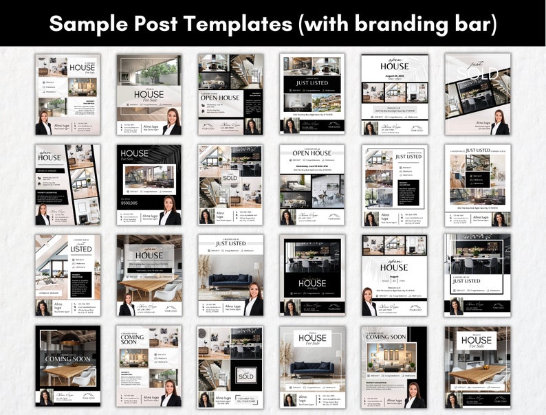 Pu&ograve; includere: Una collezione di 16 modelli di post sui social media per agenti immobiliari. I modelli presentano uno schema di colori bianco e nero con una barra di branding nella parte superiore. I modelli includono testo come "Casa in vendita", "Appena inserita", "Open house", "Prossimamente" e "Venduta".
