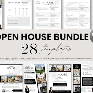May include: A set of 28 black and white open house templates for Canva. The templates include a welcome sign, sign-in sheet, feedback form, thank you sign, flyers, and social media templates.
