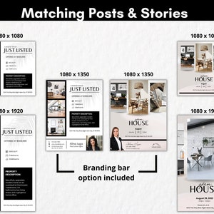 Pu&ograve; includere: Un set di modelli di post e storie sui social media per agenti immobiliari. I modelli presentano un design moderno con accenti in bianco e nero e immagini degli interni di una casa. Il testo sui modelli include "Just Listed" e "Open House".
