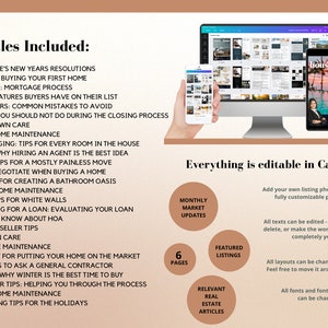 May include: A digital marketing template for real estate agents. The template is designed to be used in Canva and includes 6 pages of content. The template features a variety of design elements, including photos, text, and graphics. The template is customizable and can be used to create a variety of marketing materials, such as social media posts, email newsletters, and website content.