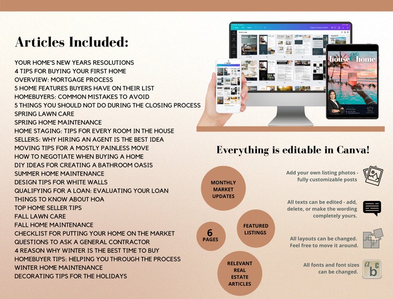 May include: A digital marketing template for real estate agents. The template is designed to be used in Canva and includes 6 pages of content. The template features a variety of design elements, including photos, text, and graphics. The template is customizable and can be used to create a variety of marketing materials, such as social media posts, email newsletters, and website content.
