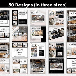 Pu&ograve; includere: Cinquanta design di post sui social media per agenti immobiliari. I design presentano una variet&agrave; di immagini di case, tra cui cucine, soggiorni e camere da letto. I design includono anche testo come "Just Listed", "Sold", "Coming Soon" e "Open House".