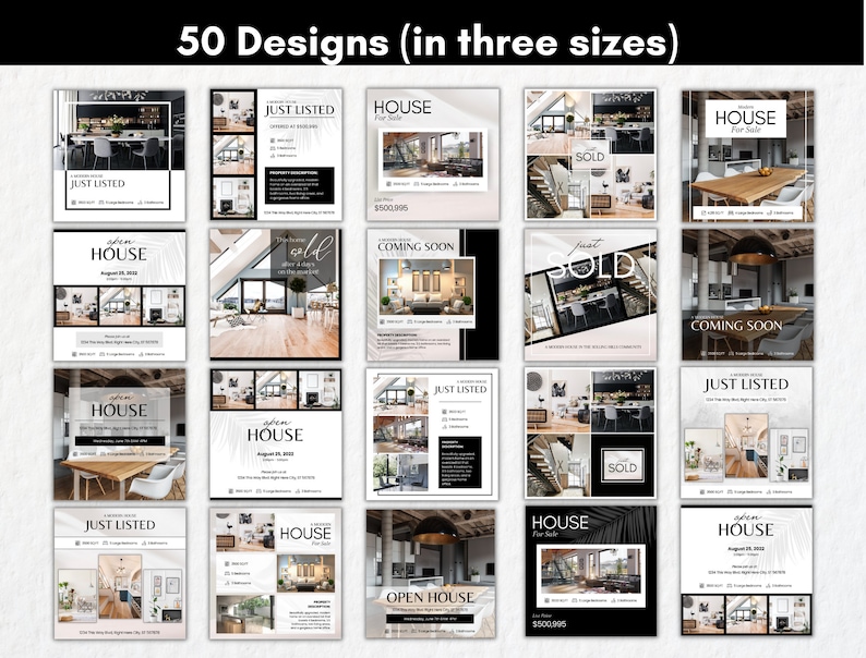 Pu&ograve; includere: Cinquanta design di post sui social media per agenti immobiliari. I design presentano una variet&agrave; di immagini di case, tra cui cucine, soggiorni e camere da letto. I design includono anche testo come "Just Listed", "Sold", "Coming Soon" e "Open House".