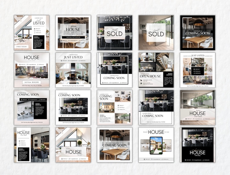 Pu&ograve; includere: Una raccolta di 20 modelli di post sui social media per agenti immobiliari. I modelli presentano una variet&agrave; di immagini di case moderne, con sovrapposizioni di testo come "Appena inserito", "Prossimamente", "Casa aperta" e "Venduto".