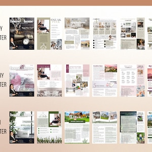 May include: A collage of images showcasing a real estate magazine called "House & Home". The magazine features articles about home design, real estate trends, and local community events. The magazine covers are for January, February, and March.