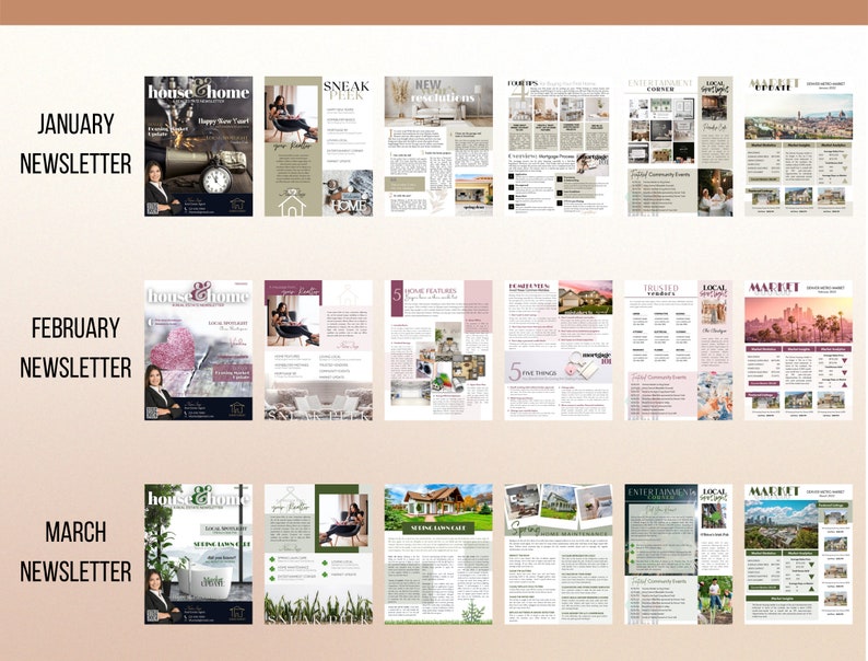May include: A collage of images showcasing a real estate magazine called "House & Home". The magazine features articles about home design, real estate trends, and local community events. The magazine covers are for January, February, and March.