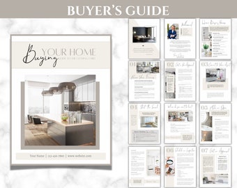 May include: A buyer's guide for purchasing a home with a beige and white color scheme. The guide includes tips on getting pre-approved for a mortgage, finding a real estate agent, and making an offer. The guide also includes information on closing costs and home appraisal.