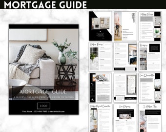 Pode incluir: Um guia de hipotecas em preto e branco com uma foto de uma sala de estar na capa. O guia inclui seções sobre pré-aprovação de hipotecas, qualificação, documentação de empréstimo, pagamentos de hipotecas e taxas de hipotecas. O texto na capa diz "Guia de hipotecas: Um guia de empréstimo para o comprador da aplicação ao encerramento".