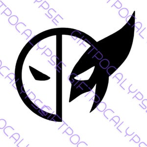 May include: Black and white silhouette of a superhero mask with a split design. One side features a Deadpool mask and the other side features a Wolverine mask.