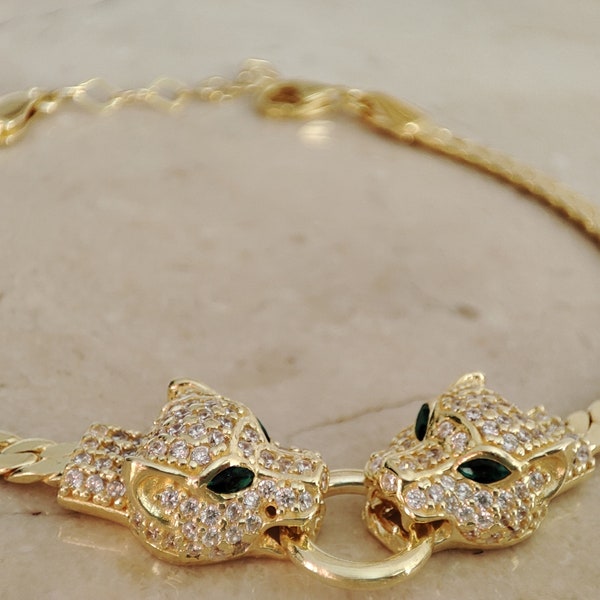 Panther Bracelet, Panther Bracelet With Zircon Gems, Double Panther Gold Plated, Fashion Jewelry, Silver Bracelet With Charm, Gift For Her