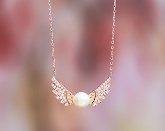 Sterling Silver Angel Wing Necklace: Pearl & Zircon Gemstone