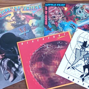 May include: A collection of vinyl record album covers, including Molly Hatchet's "Flirtin' with Disaster", Little Feat's "Shake Me Up", Blackfoot's "Strikes", and ZZ Top's "Antenna". The album covers are arranged on a wooden surface.