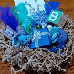 Cool Colors Crow's Treasure Nest; Handmade Paper Nest filled with 35 Crow Confetti Trinkets