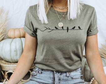 Birds on a Branch Women’s Tee | Ladies Nature Lover Shirt | Tree Graphic Top | Gifts for Her | Minimalist Design | Black Crows and Ravens