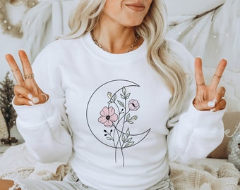 Flower Moon Bouquet Sweatshirt | Wildflower Sweater | Half Moon Shirt | Uplifting Sweater | Moon Child Shirt | Flower Sweatshirt