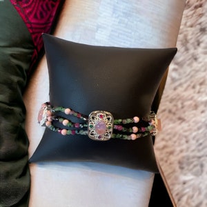 Ruby Zoisite and Pink Opal triple band bracelet 7.5&quot;
