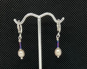 White Freshwater pearl and blue bead and silver lever back earrings