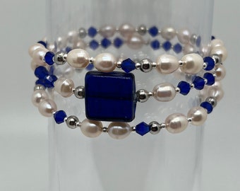 Freshwater pearl, Austrian crystal and blue Indian glass bead bracelets - triple bands